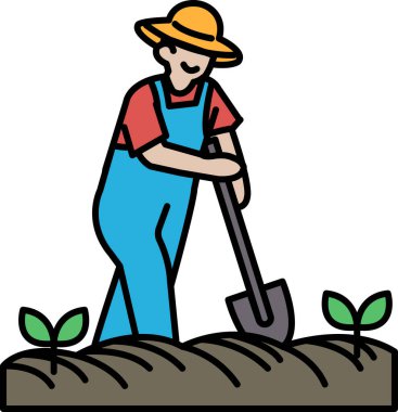 Mavi tulumlu bir adam yerde bir çukur kazıyor. O bir hasır şapka ve kırmızı bir gömlek giyiyor.