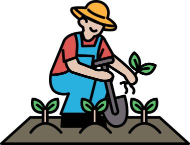 Mavi tulumlu bir adam çamura bir çukur kazıyor. Gülümsüyor ve işinden zevk alıyor.