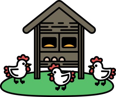Üç tavuk kümeste dolaşıyor. Kümes tahtadan yapılmıştır ve eğimli bir çatısı vardır.