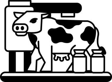 Bir çizgi film ineği süt makinesinin önünde duruyor.