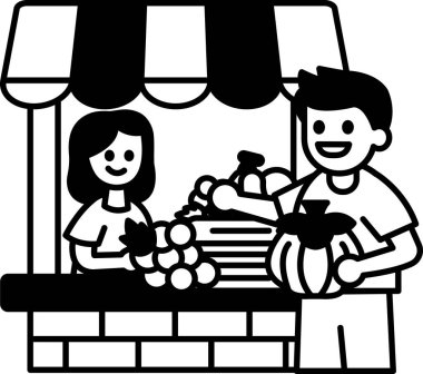 Bir erkek ve bir kadın meyve tezgahındalar.