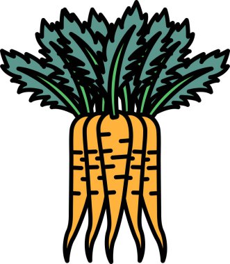 Çizgi film tarzında bir havuç gösterilir. Havuç turuncudur ve yeşil bir sapı vardır. Çizim basit ve renkli, havucun kendisine odaklı.