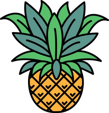 Bir ananas yeşil yapraklı ve sarı merkezli çizgi film tarzında çizilir. Çizimin neşeli ve tuhaf bir havası var, sanki gerçek bir nesneden ziyade bir karaktermiş gibi.