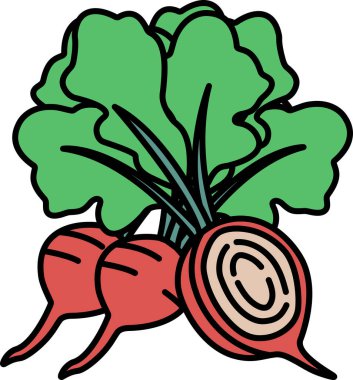 İçinde iki havuç ve bir turp da bulunan bir demet sebze çizimi. Havuçlar ön planda ve turp da arka planda. Çizimin neşeli ve neşeli bir havası var.