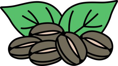 Yaprağın üzerindeki kahve çekirdeklerini yakından çek. Fasulyeler küçük ve kahverengi. Yaprak yeşildir ve birkaç damarı vardır.