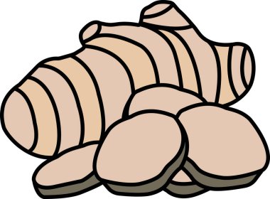 Bir demet zencefil kökü dilimi. Dilimler küçük parçalara ayrılır ve bir yığın halinde dizilir. Tazelik ve doğallık kavramı, zencefil kökü birçok yemeğin ortak bileşenidir.