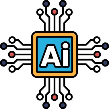 Mavi ve turuncu çizgili bir bilgisayar çipi ve yapay zeka harfleri. Tasarım soyut ve modern, çipin teknolojisi ve devresine odaklı.