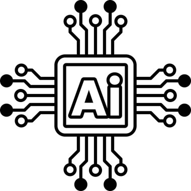 Ana hatlı bir bilgisayar çipi ve siyah beyaz çizgi şeklinde yapay zeka.