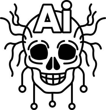 Üzerinde gülümseme olan bir kafatası ve üzerindeki harfler siyah beyaz çizgi şeklinde yapay zeka.