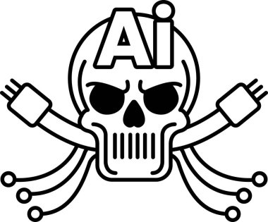 Üstünde siyah-beyaz çizgi şeklinde yapay zeka harfleri olan bir kafatası.