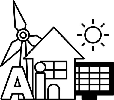 Üzerinde yel değirmeni ve güneş olan bir ev. Siyah beyaz çizgili bir ev.