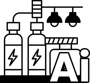 Üzerinde Al yazan siyah beyaz çizgili bir fabrika çizimi.