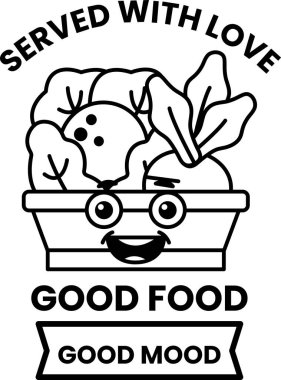 Bir sepet sebzeli gülen yüz karikatürü.