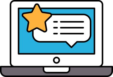 Yıldız ve konuşma baloncuklu bir dizüstü bilgisayar ekranı. Yıldız sarı ve konuşma balonu mavi.