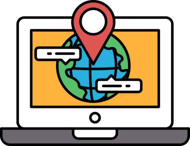 Üzerinde dünya haritası ve kırmızı bir iğne olan bir dizüstü bilgisayar ekranı. Harita çizgi film tarzında çizilmiş ve dizüstü bilgisayar açık