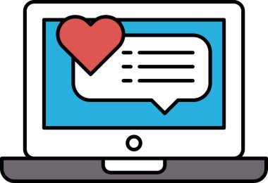 Kalbi ve sohbet kutusu olan bir laptop ekranı. Kalp kırmızı ve sohbet kutusu mavi.