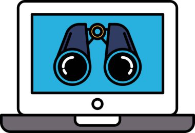 Bir dizüstü bilgisayar ekranında bir çift dürbün görünüyor. Dürbün siyah ve mavidir ve ekranın ortasına yerleştirilmiştir. Merak ve keşif kavramı