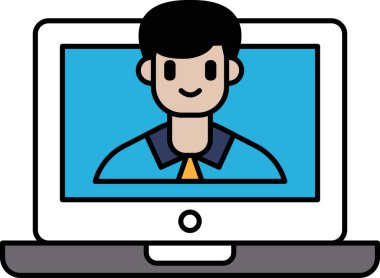 Bir çizgi filmci dizüstü bilgisayarda kameraya gülümsüyor. Adam mavi bir gömlek ve kravat takıyor.