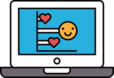 Üzerinde gülen yüz ve iki kalp olan bir bilgisayar monitörü. Gülen yüz, yüzün her iki tarafına yerleştirilen iki kalple çevrilidir. Mutluluk ve pozitiflik kavramı