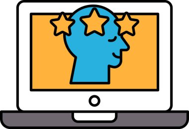 Mavi başlı ve üzerinde üç yıldız olan bir bilgisayar monitörü. Baş gülümsüyor ve yıldızlar parıldıyor. Olumlu ve mutluluk kavramı