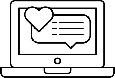 Kalbi ve sohbet kutusu olan bir laptop ekranı. Kalp ekranın tam ortasında ve sohbet kutusu da sağ tarafta. Tamam mı? Görüntü, teknolojiyle bir sevgi ve bağlantı mesajı iletiyor.