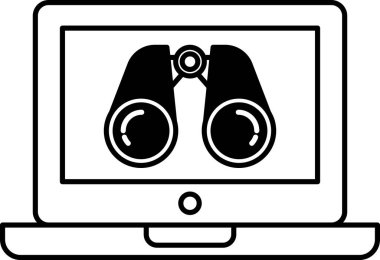 Laptop ekranındaki bir çift dürbünün siyah beyaz görüntüsü. Macera ve keşif kavramı, dürbünler genellikle uzak nesneleri veya vahşi yaşamı gözlemlemek için kullanılır.