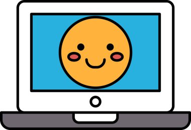 Dizüstü bilgisayarında gülümseyen bir çizgi film yüzü. Görüntü pozitif ve neşeli bir ruh hali taşır.