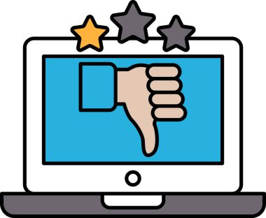 Bir dizüstü bilgisayar ekranı, baş parmağı aşağıda bir sembol ve üç yıldızlı. Baş parmaklar aşağı sembol olumsuz bir derecelendirme veya onaylamamayı temsil eder