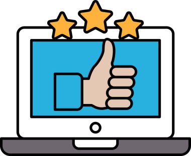 Başparmak işareti ve üç yıldızlı bir dizüstü bilgisayar ekranı. Görüntü olumlu bir onay ve tatmin mesajı iletiyor.