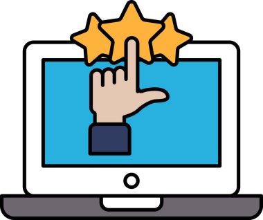 Üç yıldızlı bir dizüstü bilgisayarı gösteren bir el. Bilgisayardaki bir şey için onay ya da takdir kavramı