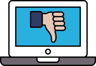 Üzerinde işaret olan bir dizüstü bilgisayar ekranı. Baş parmaklar aşağı işareti, memnuniyetsizliği ya da hoşnutsuzluğu gösteren olumsuz bir işaret. Dizüstü bilgisayar ekranı mavi ve beyaz