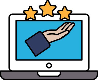 Üç yıldızlı bir dizüstü bilgisayar ekranı. El, yıldızları olumlu bir mesaj ya da olumlu bir işaret olarak tutuyor.