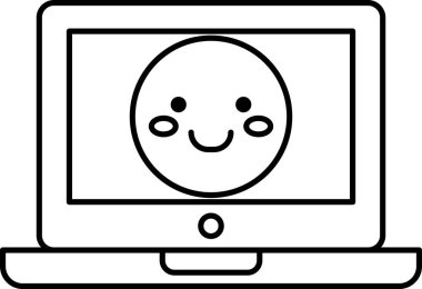 Bir dizüstü bilgisayarda gülümseyen bir yüz çizilir. Yüzü gülüyor ve sevimli bir ifadesi var.