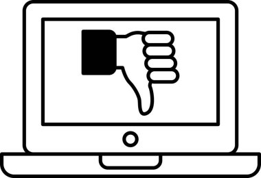 Üzerinde işaret olan bir dizüstü bilgisayar ekranı. Baş parmaklar aşağı işareti, memnuniyetsizliği ya da hoşnutsuzluğu gösteren olumsuz bir işaret. Dizüstü bilgisayar ekranı siyah beyaz, bu da basitçe...