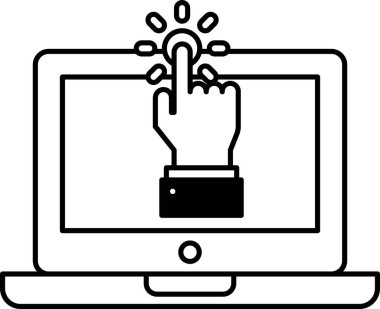 Dizüstü bilgisayardaki bir düğmeyi gösteren siyah beyaz bir el resmi. Bir kullanıcının bir aygıt ile etkileşime girmesi kavramı, muhtemelen yeni bir özelliğe veya uygulamaya erişmek için. Sahne odaklı ve kararlı