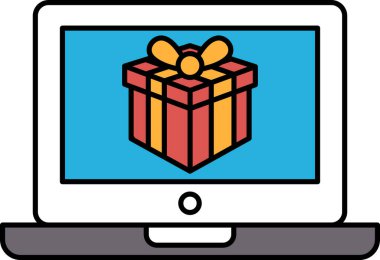 Bir dizüstü bilgisayar ekranında üzerinde sarı kurdele olan kırmızı bir kutu var. Kutuda 