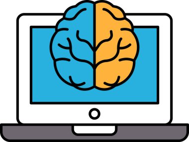 Üzerinde beyin olan bir bilgisayar monitörü. Beyin ikiye bölünür, biri mavi ve biri turuncu. Zeka kavramı ve beynin bilgi işlemedeki önemi