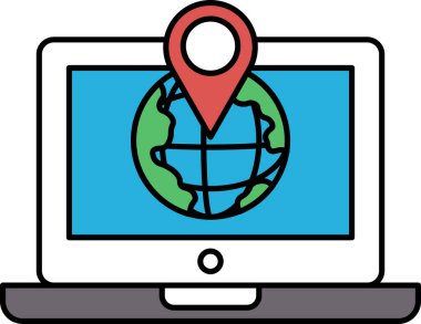 Dizüstü bilgisayar ekranında üzerinde kırmızı iğne olan bir dünya haritası var. Harita çizgi film tarzında çizilmiş ve dizüstü bilgisayar açık