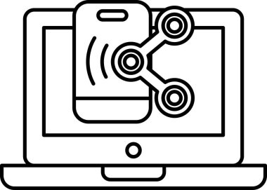 Üzerinde bluetooth kulaklık olan siyah beyaz bir cep telefonu çizimi. Çizim bir dizüstü bilgisayarın.