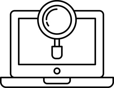 Üzerinde büyüteç olan bir laptop. Laptop siyah beyaz.