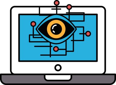 Mavi ekranlı ve sarı gözlü bir bilgisayar monitörü. Göz, çizgiler ve noktalardan oluşan bir ağ ile çevrilidir. Teknoloji ve karmaşıklık kavramı, odak noktasını gözler temsil ediyor.