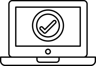 Ortasında işaret olan bir bilgisayar ekranı. Kontrol işareti onay ya da tamamlama sembolü. Ekran siyah ve beyaz, basit ve temiz bir görünüm veriyor.