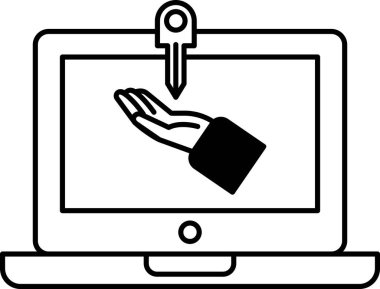 Üzerinde bir el ve ekranda bir anahtar olan bir dizüstü bilgisayar ekranı. Bir şeyin kilidini açma kavramı, muhtemelen bir bilgisayar ya da bir cihaz.