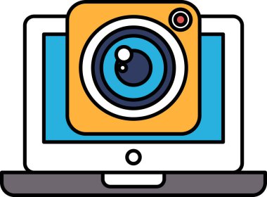 Bir dizüstü bilgisayardaki kamera lensinin yakın çekimi. Bu resim bir dizüstü bilgisayar ekranındaki kamera lensinin stilize edilmiş bir çizimi. Görüntünün arkasındaki fikir fotoğrafçılığın önemini göstermektir.