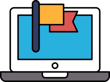 Kırmızı ve sarı yer imli bir dizüstü bilgisayar ekranı. Bayrak bir şarjörle dizüstü bilgisayara bağlı.