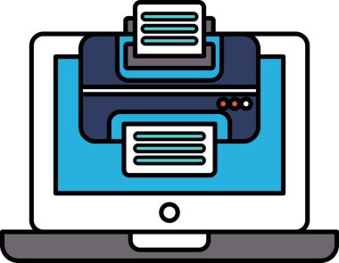 Bir dizüstü bilgisayar ekranında üzerinde bir yığın kağıt olan bir yazıcı var. Yazıcı siyah ve kağıtlar beyaz.