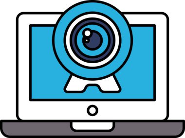 Üzerinde kamera lensi olan bir laptop ekranı. Kamera lensi mavi ve beyazdır. Bilgisayardaki kamera ya da webcam kavramı