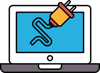 Kablolu bir dizüstü bilgisayar ekranı. Kablo bir güç kaynağına bağlı. Teknoloji kavramı ve elektriğin güç aygıtlarındaki önemi