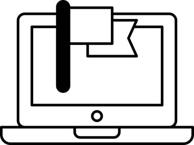 Üzerinde bayrak olan bir laptop. Bayrak bir kitabı işaret ediyor. Laptop siyah beyaz.