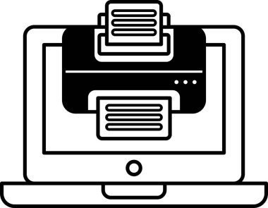 Üzerinde yazıcı olan bir dizüstü bilgisayar. Yazıcı siyah ve dizüstü bilgisayar siyah beyaz.